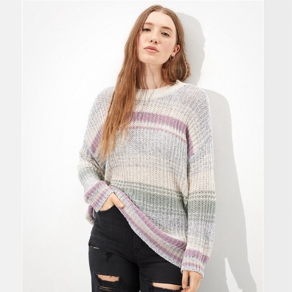 Women’s American Eagle Multi-colored Oversized Striped Crew Neck Sweater Size S - Picture 1 of 9